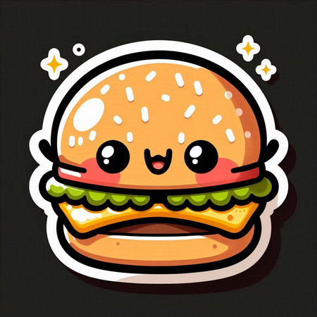 Cute cartoon hamburger. Vector illustration isolated on black background.の素材