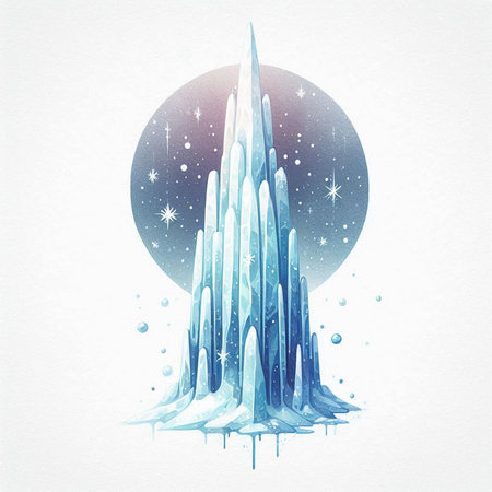 Watercolor illustration of Christmas tree and snowflakes in the night skyの素材