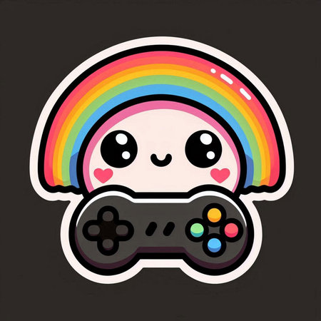 Cartoon kawaii gamepad and rainbow on black background.の素材