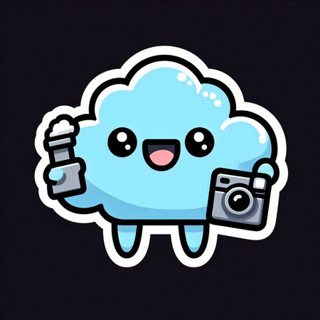 Cute cloud character with camera and water bottle. Vector illustration.の素材