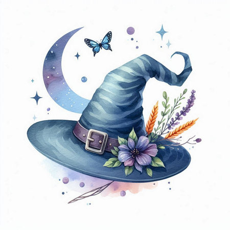 Witch hat with flowers, moon and stars. Watercolor illustrationの素材