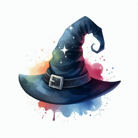 Watercolor illustration of a witch hat on a white background with splashesの素材