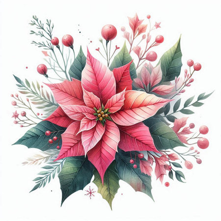 Christmas bouquet with poinsettia and berries. Watercolor illustration.の素材