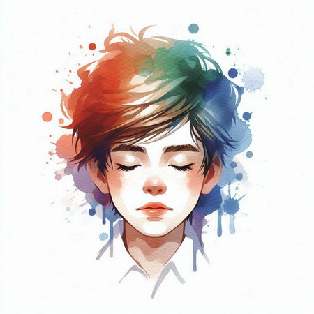 Portrait of a beautiful young woman with short hair and colorful blots.の素材