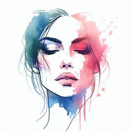 Portrait of beautiful young woman with watercolor splash on her face.の素材