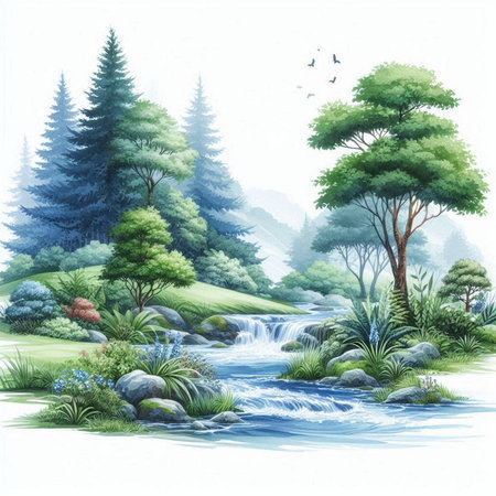 Waterfall in the forest. Watercolor illustration on white background.の素材