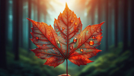 Autumn maple leaf with raindrops on the background of the forestの素材