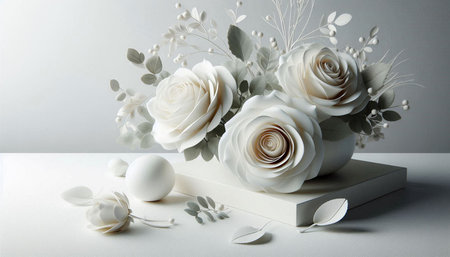 Easter decoration with white flowers and eggs on a white background.の素材