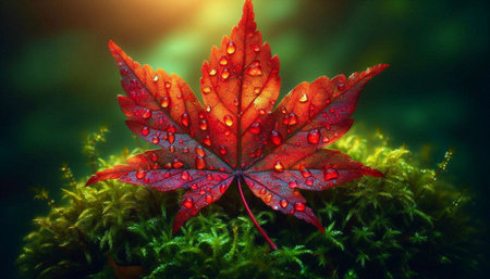 Red maple leaf with water drops on the green moss. Autumn backgroundの素材