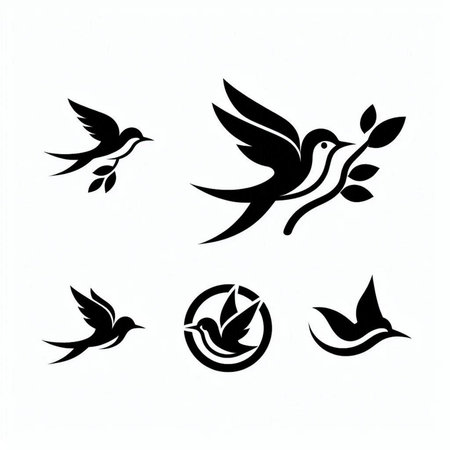 Vector set of flying birds with olive branch and olive grove on white background.の素材