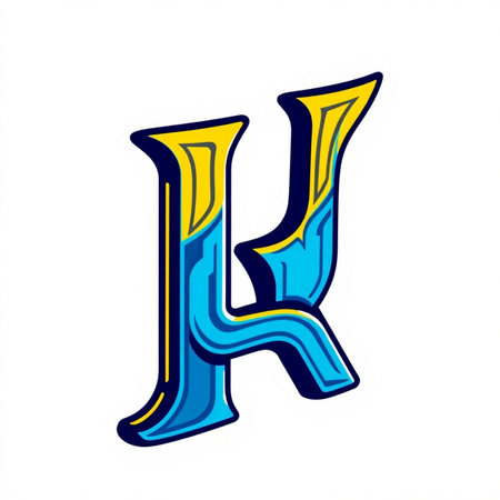 3d render of letter K in blue and yellow colors isolated on white backgroundの素材
