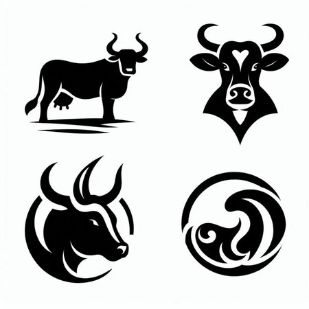 Set of black silhouettes of bulls and cows on a white backgroundの素材