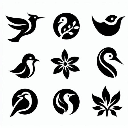 Set of bird and flower icons isolated on white background. Vector illustration.の素材