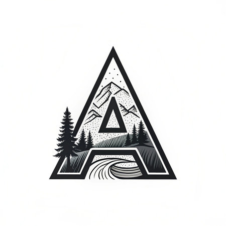 Letter A logo with forest, mountains, pine trees and lake.の素材