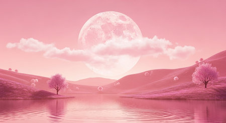 Beautiful landscape with lake and pink full moon, 3d renderingの写真素材