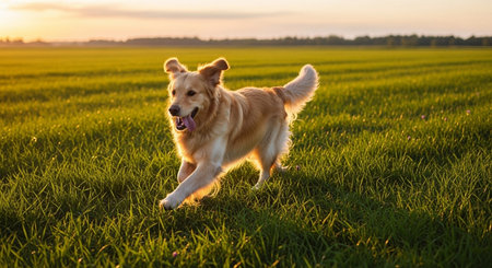 Golden Retriever dog running on green grass in sunset light.の写真素材