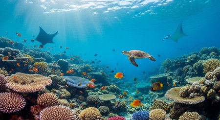 Turtle and fish on the coral reef in the Red Sea.の写真素材