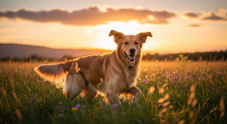 Golden Retriever dog on the meadow at sunset in summerの写真素材