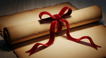 Old paper scroll tied with a red ribbon on a wooden table.の写真素材