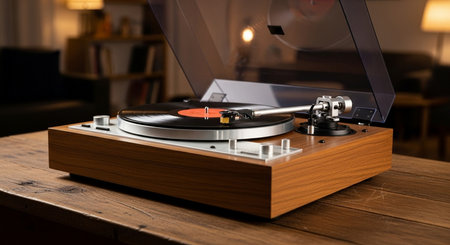 Retro turntable with a vinyl record on a wooden table