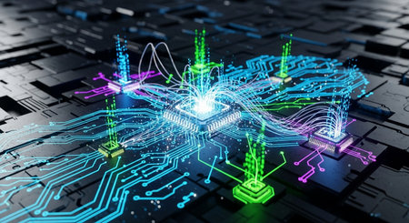 3d rendering of circuit board with microchips and electronic elements