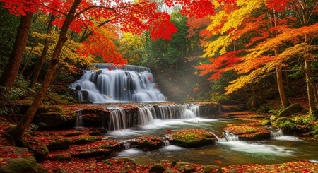 Autumn waterfall in the forest. Beautiful nature scene with falling leaves and stream.の写真素材