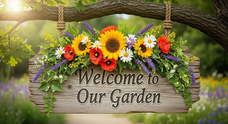 Welcome to our garden sign with flowers in a basket hanging on a treeの写真素材
