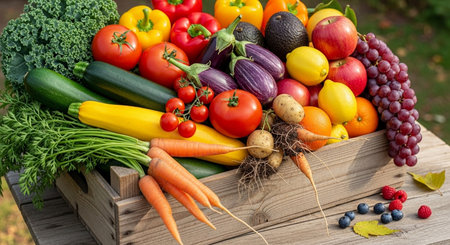 Fresh organic vegetables and fruits in a wooden box on a garden tableの写真素材