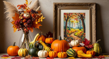 Autumn still life with pumpkins, autumn leaves and vintage photo frameの写真素材