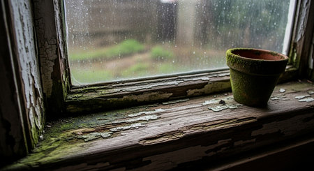 A small clay pot stands on the windowsill in the rain.の写真素材