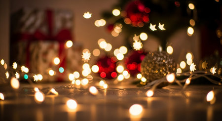 Christmas background with Christmas tree, gifts, lights and bokehの写真素材