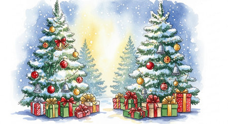 Christmas and New Year background with Christmas tree, gifts and snowflakesの写真素材