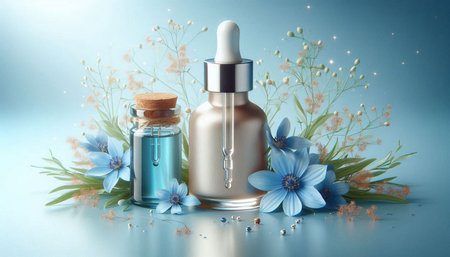 Essential oil in a glass bottle with blue flowers on blue backgroundの写真素材