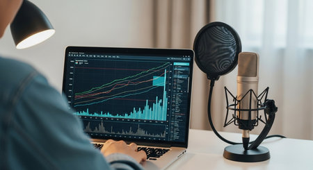 Man recording a podcast on his laptop with a microphone and headphones.の写真素材