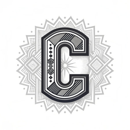 Letter C with ethnic patterned background. Black and white colors.の素材