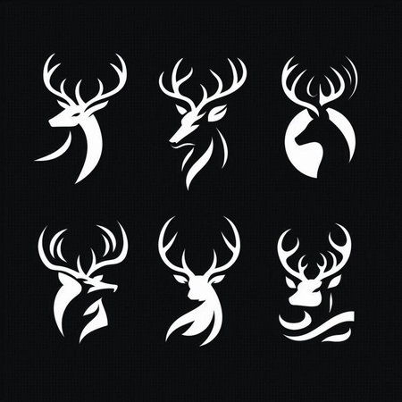 Vector set of deer silhouettes on black background. Can be used as logos, labels, emblems, badges.の素材