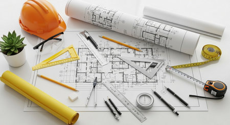 Architect workplace with construction plans, rolls of diagrams and tools.の写真素材