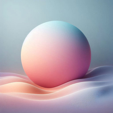 3d render, abstract background with pink and blue waves and ballの素材