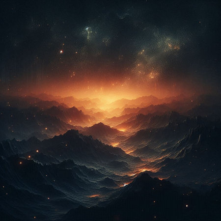 Abstract digital fractal image of mountains and nebula in space.の素材