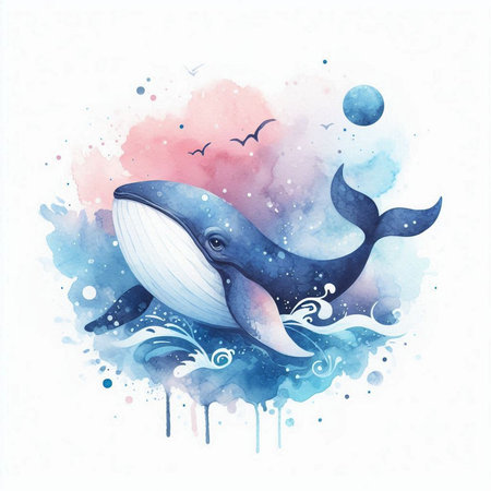Watercolor whale on abstract watercolor background. Hand drawn illustration.の写真素材