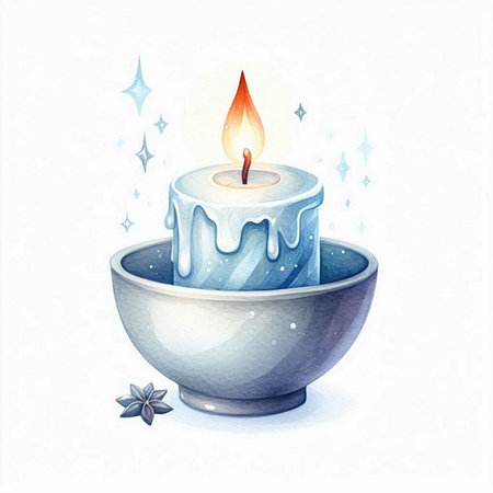 Watercolor illustration of a burning candle in a bowl on a white backgroundの写真素材