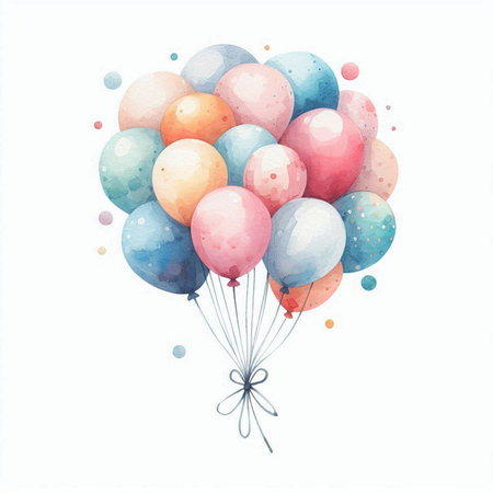 Watercolor illustration of a bunch of colorful balloons on a white backgroundの写真素材