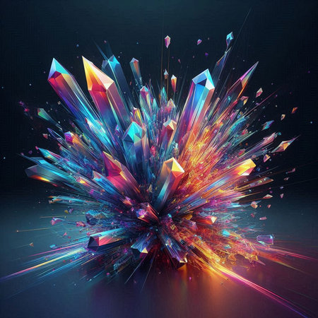 Colorful crystal explosion on black background. Fantasy fractal design. Digital art. 3D rendering.の写真素材