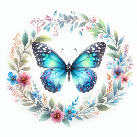 Watercolor butterfly with floral wreath isolated on white background. Hand painted illustration.の写真素材