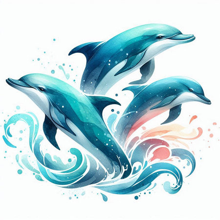 Dolphins jumping in the sea. Watercolor illustration on white background.の写真素材