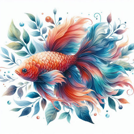 Beautiful goldfish with leaves on white background, watercolor illustrationの写真素材