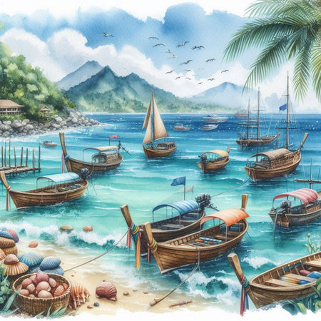 Watercolor painting of fishing boats on the beach in the tropicsの写真素材