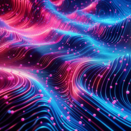 Abstract 3d rendering of particles. Futuristic background with dynamic waves.の写真素材