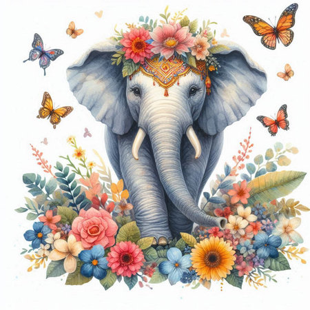 Watercolor illustration of an elephant with flowers, butterflies and butterflies.の写真素材
