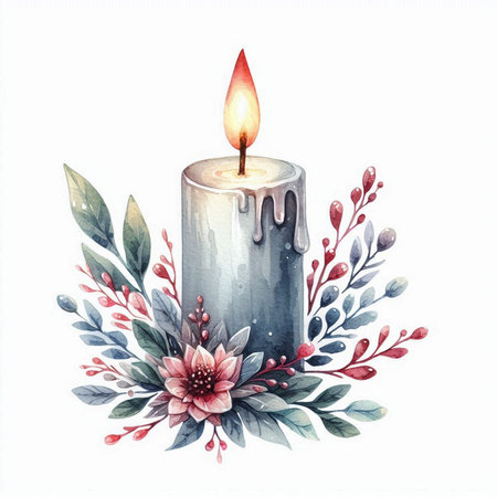 Watercolor christmas candle with flowers and leaves. Hand drawn illustrationの写真素材